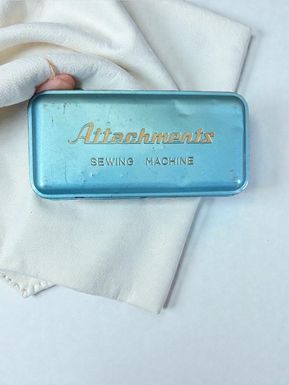 Vintage Sewing Machine Attachments Lot w Blue Storage Tin